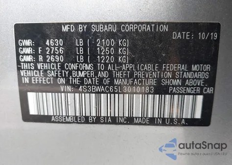 2020 Subaru Legacy Premium z USA, uszkodzony, nr VIN 4S3BWAC65L3010183